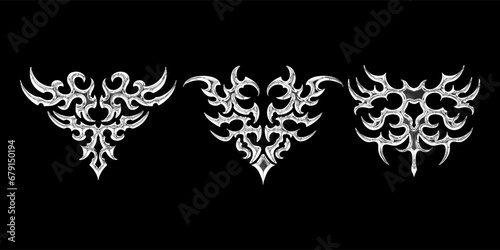 3d chrome metal of y2k. 3d rendering illustration of abstract neo tribal cyber sigil metallic melted modern.Gothic abstract patterns for streetwear, typography, t-shirt. 3D element Illustration.