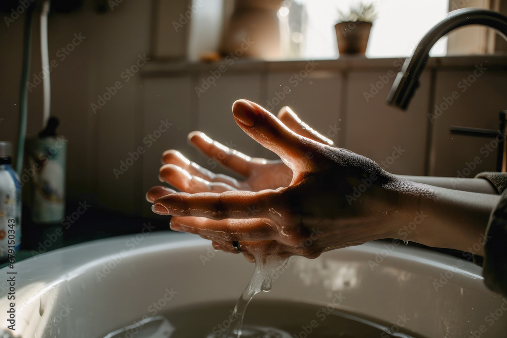 Unrecognizable woman standing and washing hands in sink in daylight