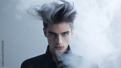 Fashion portrait of sensual male model with smoke dispersion. head with stylish hairstyle in tobacco smoke photo