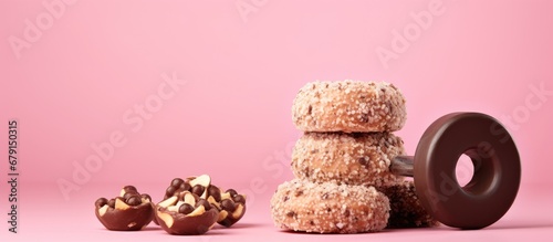 Healthy lifestyle concept with dumbbell donuts and pink background Copy space image Place for adding text or design photo