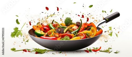 Healthy cooking with assorted fresh vegetables in a pan promoting a nutritious diet Copy space image Place for adding text or design photo