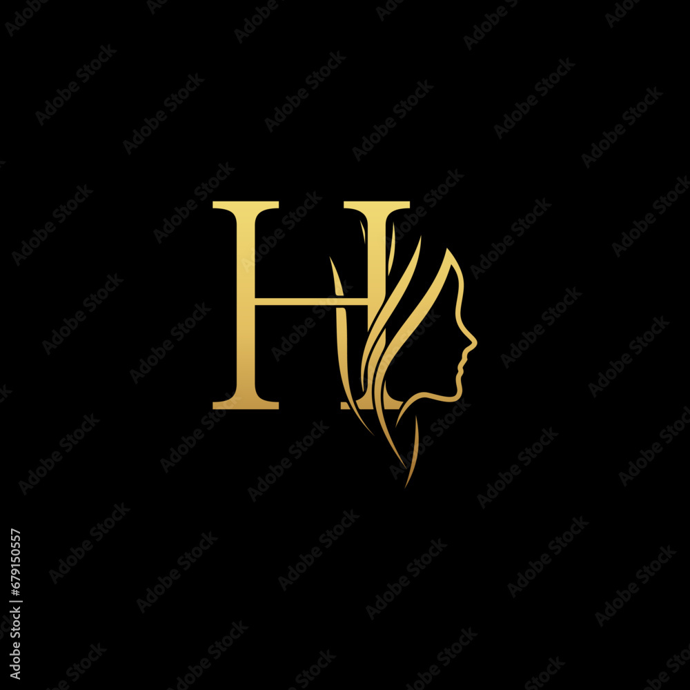 gold colored initial H combined with female face indicating beauty use for salon, hair, business, logo, design, vector, company, branding, and more gold colored initial H combined with female face indicating beauty use for salon, hair, business, logo, design, vector, company, branding, and more