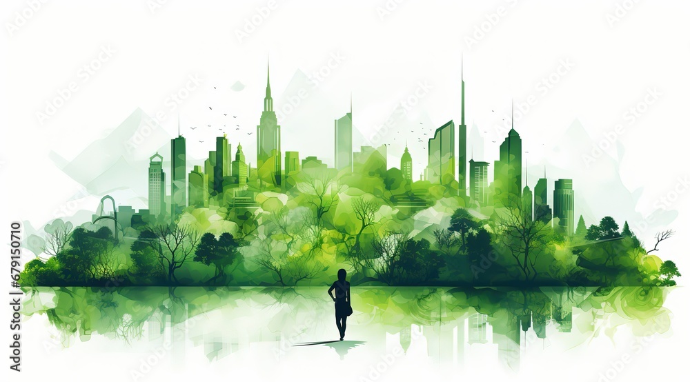 Ecology concept with green eco city on nature background. Ecology and ...