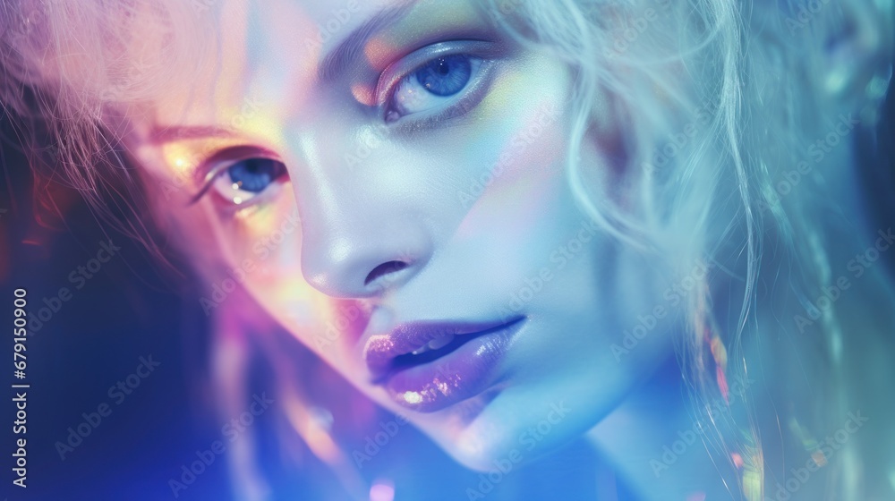 close up face portrait of a woman with light shining projections on the head, fashion glamour photo