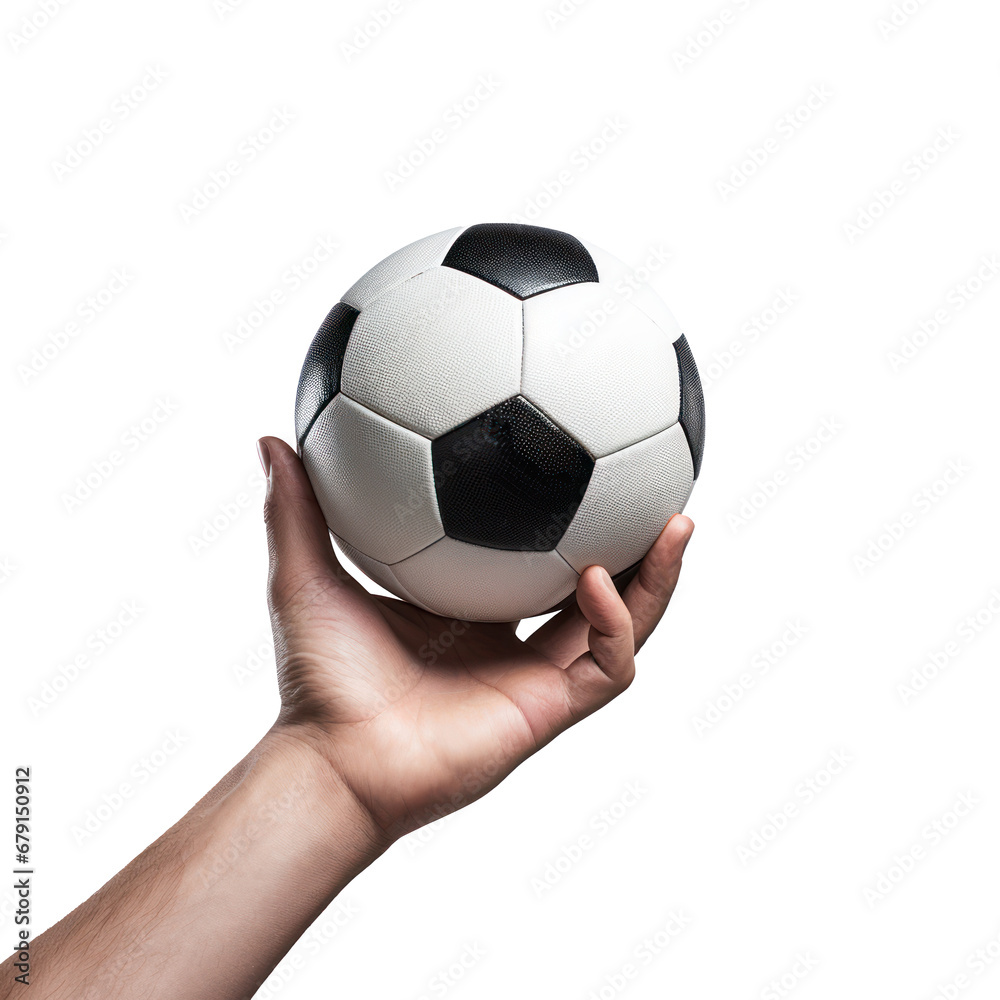 A hand holds a small soccer ball, isolated
