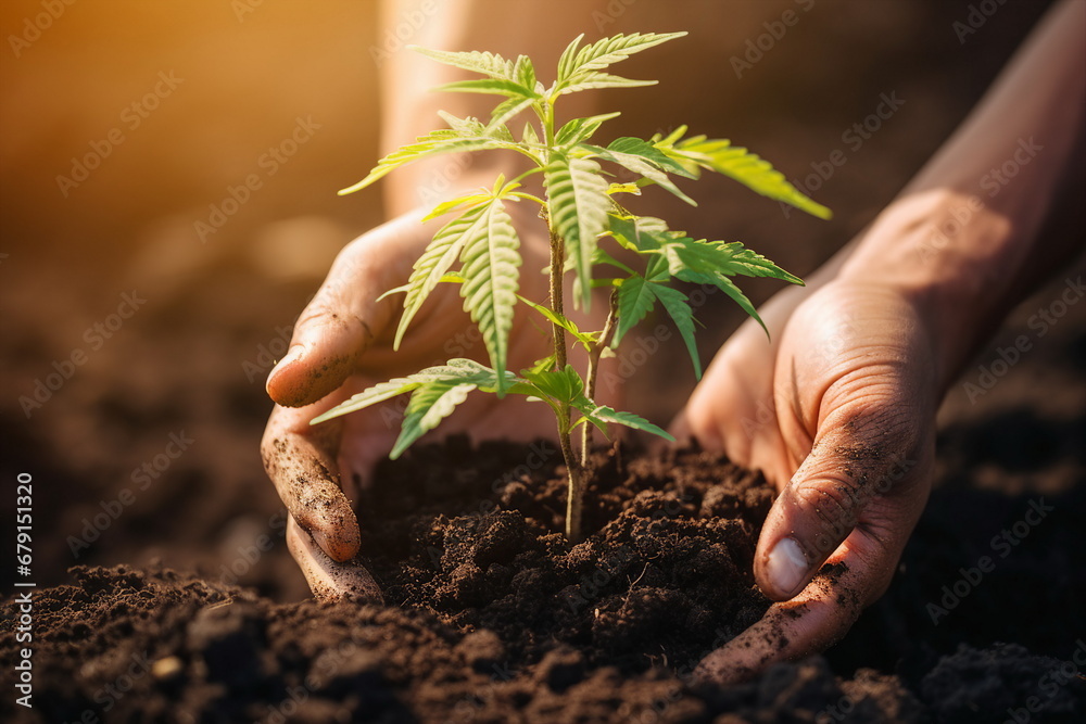 man hand hold in palm cannabis seed in soil - obrazy, fototapety, plakaty 