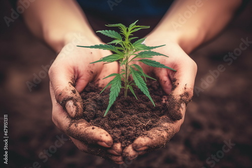 man hand hold in palm cannabis seed in soil photo