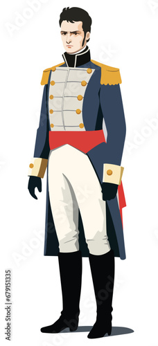 A flat minimalist color vector illustration of Napoleon Bonaparte, the French military commander and political leader, wearing a blue jacket with high collar