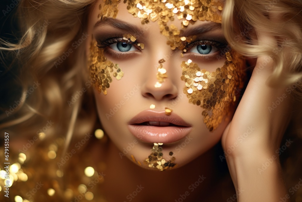 Model with gold glitter on her face. Creative portrait with selective focus and copy space Model with gold glitter on her face. Creative portrait with selective focus and copy space