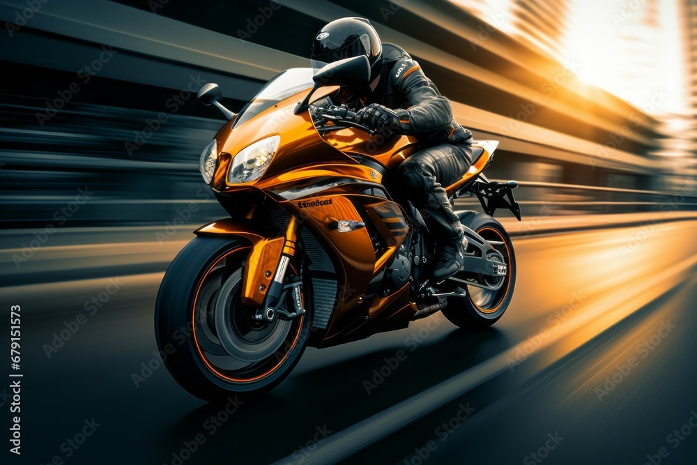 A motorcyclist races at speed on a motorcycle. Background with selective focus and copy space