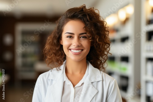Female pharmacist. Portrait with selective focus and copy space