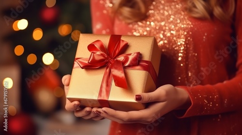 Woman tie a bow on box with Christmas present. Female hands packages Christmas gift.