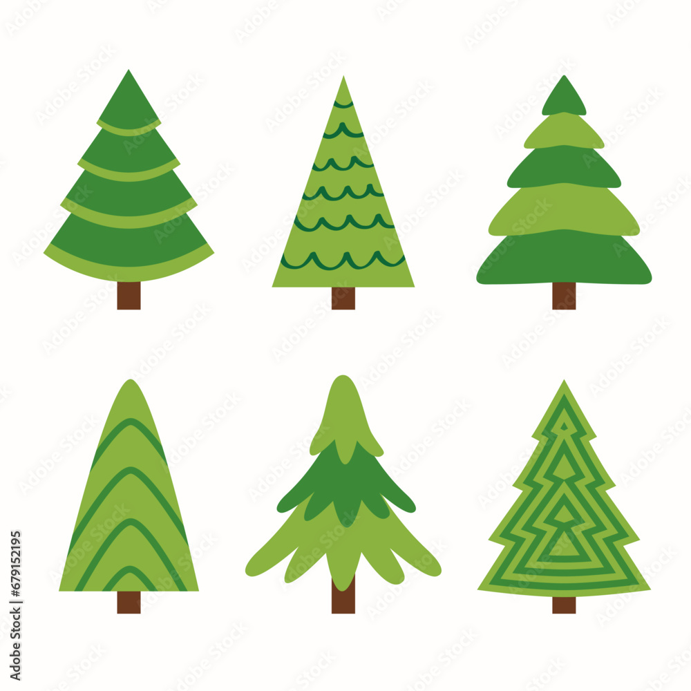 Christmas tree set. Fir tree collection. Different shape. Green pine trees template for greeting card, banner, web. New Year winter sign symbol. Flat design. White background.