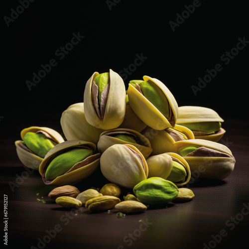 fotografia de primer plano con detalle de varios pistachos, con fondo de color negro
