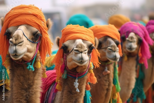 Camels with traditional dresses close up.illustration. Ai generative.