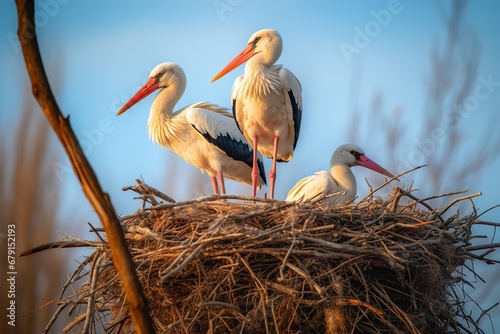 Couple of storks in the nest.illustration. Ai generative.