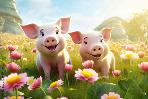 Two happy pigs on a flowery green grass meadow, illustration generated by AI