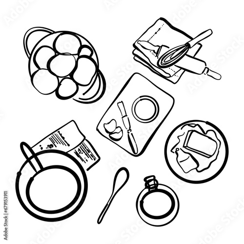 Apple pie cooking doodle. recipes template with vegetables and kitchenware. Top view sketches cooking items on white background. 