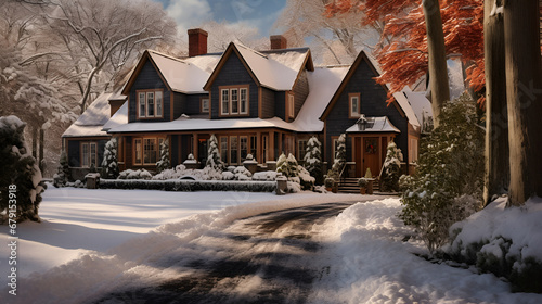 Snowy fall new england, hunter green green and dark brown, colonial home landscape