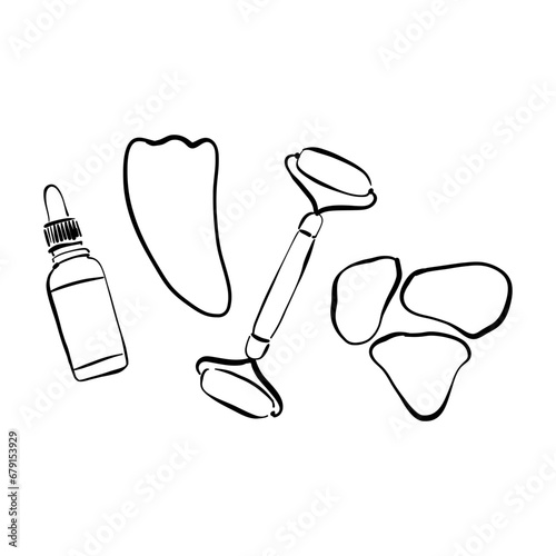 Vector hand drawn doodle sketch gua sha face massage roller isolated on white background.  Facial serum. Skin care concept. Vector illustration 
