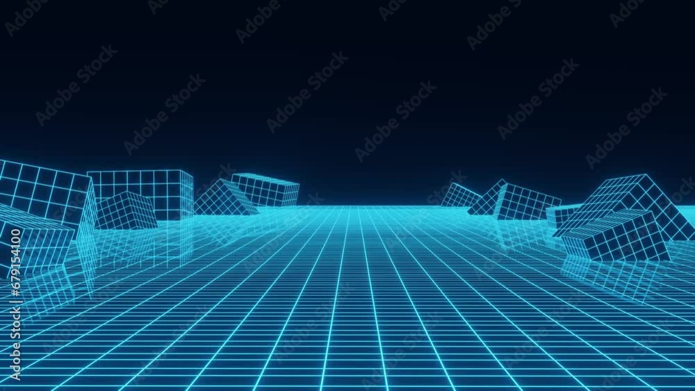 Abstract technology perspective grid with protruding cubes. Detailed ...