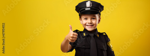 A smiling kid boy in police man uniform costume. Concept of future job. Thumb up. Yellow background copy space. Ai generative photo