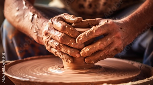 Hands of potter making clay pot. Close up process shot of a potter's hands shaping clay on a pottery wheel photo