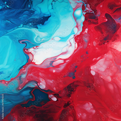 Fondo abstracto con detalle de formas liquidas, con difuminado de color rojo, azul y blanco