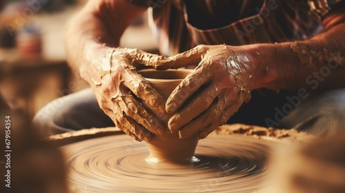 Hands of potter making clay pot. Close up process shot of a potter's hands shaping clay on a pottery wheel