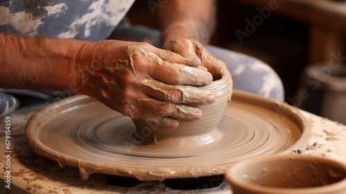 Hands of potter making clay pot. Close up process shot of a potter's hands shaping clay on a pottery wheel