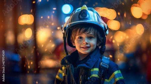 A smiling kid in a firefighter's suit, a future lifeguard. Ai generative