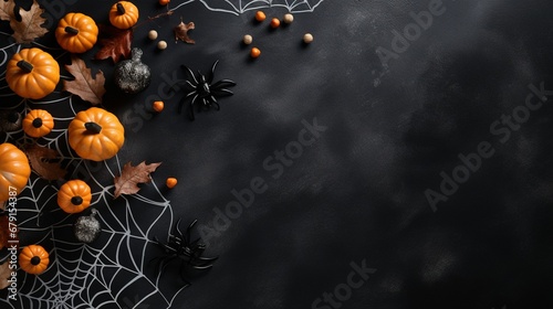 Happy halloween flat lay mockup with spiders, decoration and spider web on black background. Autumn holiday concept composition