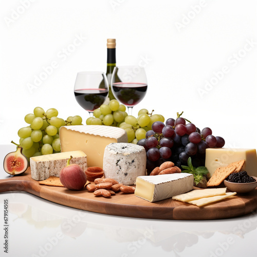 fotografia con detalle de tabla de madera, con varios quesos, uvas y copas con vino