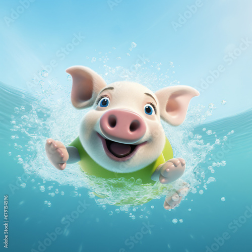 Pig cartoon character swimming isolated on light green background