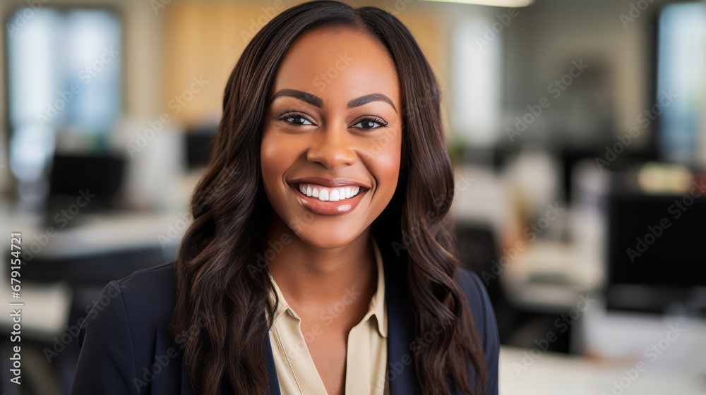 Obraz premium Portrait of beautiful black businesswoman looks at the camera and smiles. Woman with stylish hair. Office background. Feminine business success concept. Ai generative