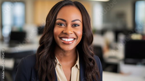 Portrait of beautiful black businesswoman looks at the camera and smiles. Woman with stylish hair. Office background. Feminine business success concept. Ai generative