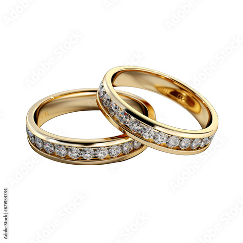 Diamond-Studded Gold Wedding Rings Isolated on Transparent or White Background, PNG photo