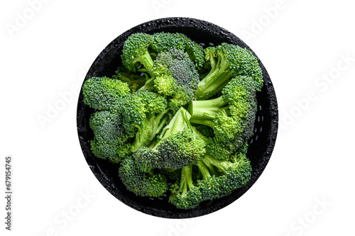 Organic Raw green broccoli cabbage in a colander. Transparent background. Isolated.