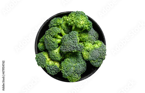 Raw green broccoli cabbage in a colander. Transparent background. Isolated.