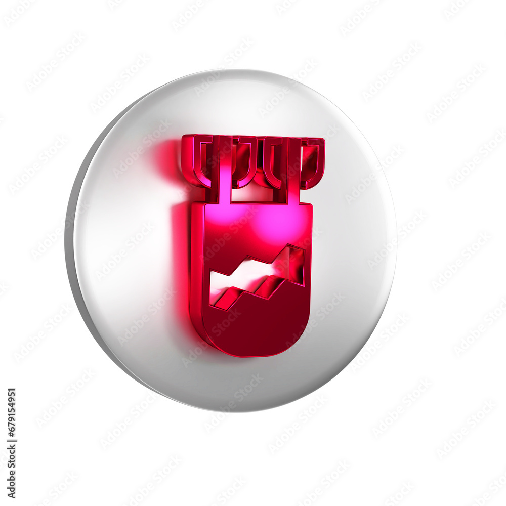 Red Quiver with arrows icon isolated on transparent background. Silver circle button. Red Quiver with arrows icon isolated on transparent background. Silver circle button.