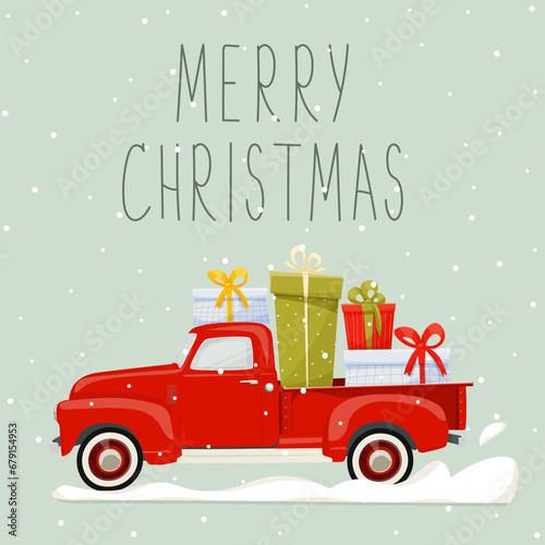 Red Christmas pickup truck with gift boxes in the trunk in the snow. A truck carrying New Year's gifts through a snowdrift. Merry Christmas text. New Year or Christmas card, poster, flyer, invitation.