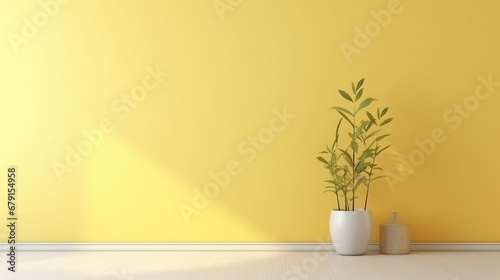 Interior of the room in plain monochrome light yellow color, modern interior design with empty space for text