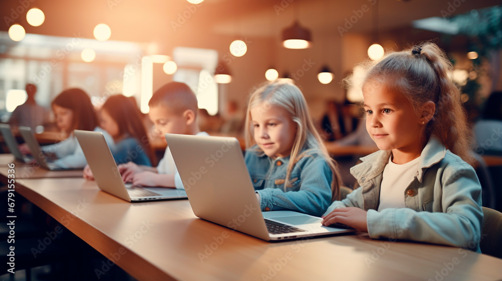 Fototapeta premium Group of children working on laptop in room