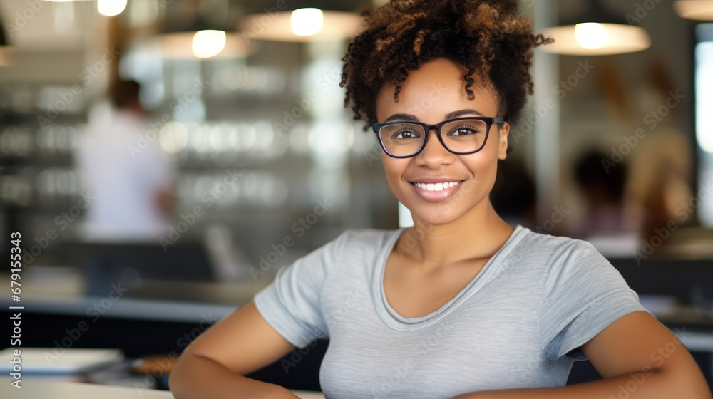 Businesswoman looks at the camera and smiles. Portrait of Beautiful pretty black woman wears glasses secretary with stylish hair. Office background. Ai generative. Businesswoman looks at the camera and smiles. Portrait of Beautiful pretty black woman wears glasses secretary with stylish hair. Office background. Ai generative.