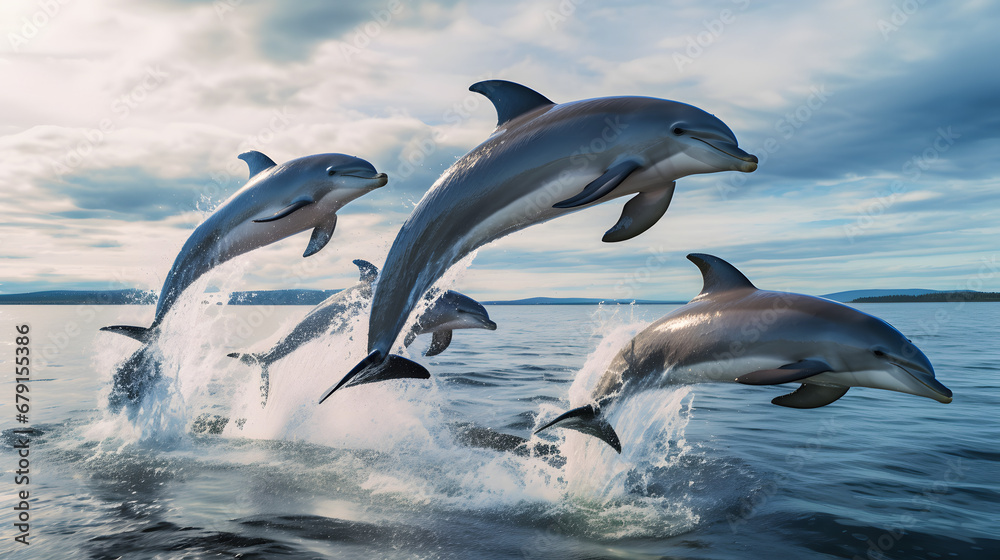 Pod of dolphins leaping from ocean Pod of dolphins leaping from ocean