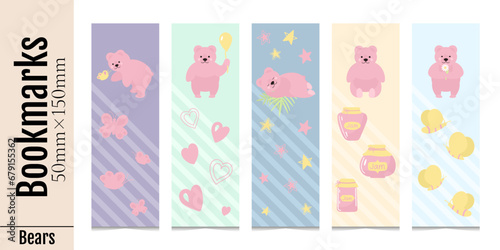 Set of cute kids bookmarks for reading books. Pink kind bear with hearts, jam, butterfly, bee, stars. Template of paper book separators. Isolated on a white background.