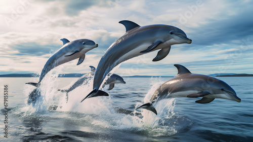 Pod of dolphins leaping from ocean