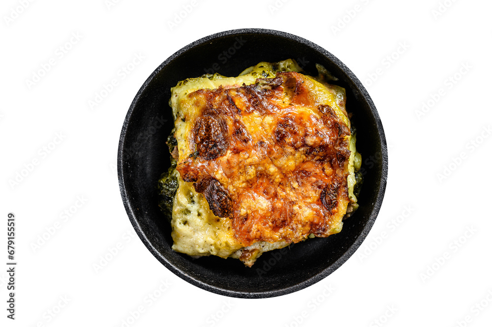 Delicious baked lasagna in a pan, Italian traditional cuisine.  Transparent background. Isolated.
