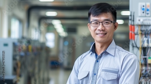 Portrait of happy engineering technician in control room, inspection service or industry maintenance. Electrician, arms crossed and smile in electrical substation, system or industrial mechanic © RMedia