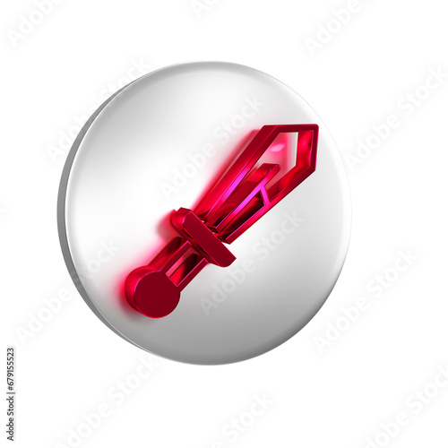 Red Medieval sword icon isolated on transparent background. Medieval weapon. Silver circle button.